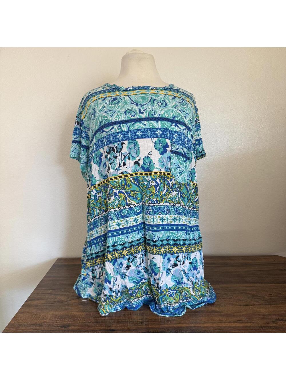 Kate Park Women's 3X Blue and Green Patterned Short Sleeve Top